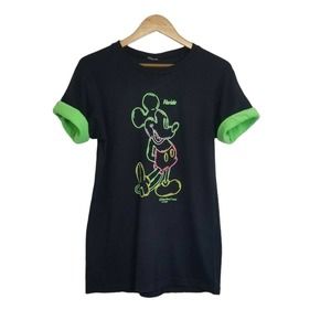 Vtg Walt Disney Neon Outline Mickey Mouse Green Roll Cuffs Single Stitch Tshirt